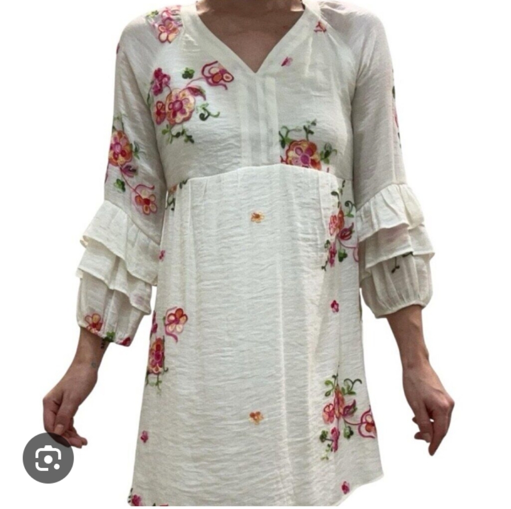 Anthro Fig and Flower Embroidered Floral Ruffle Sleeve Dress Size PS